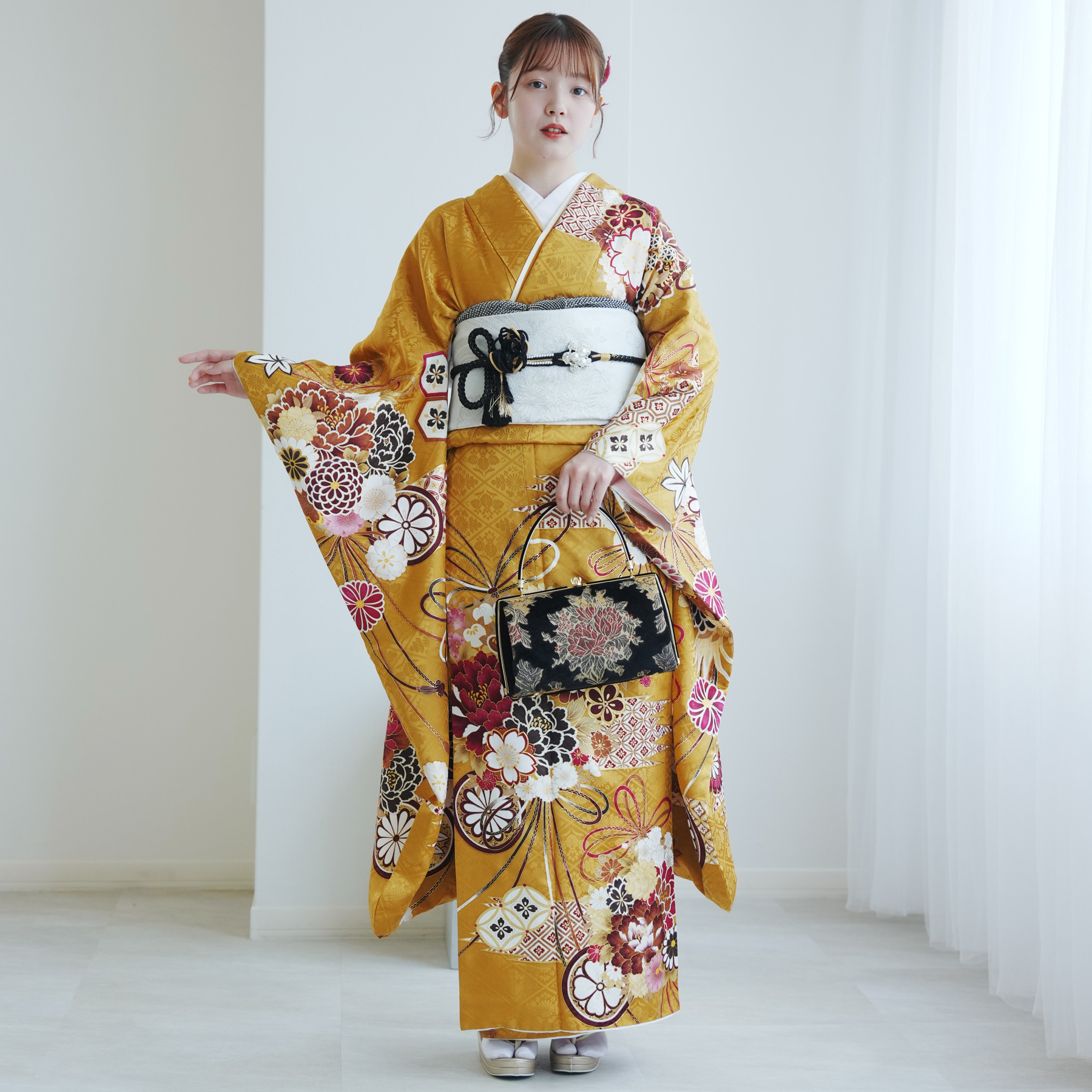 レンタル 振袖 正絹着物+袋帯 21点セット 絵羽 芥子色に古典花結び