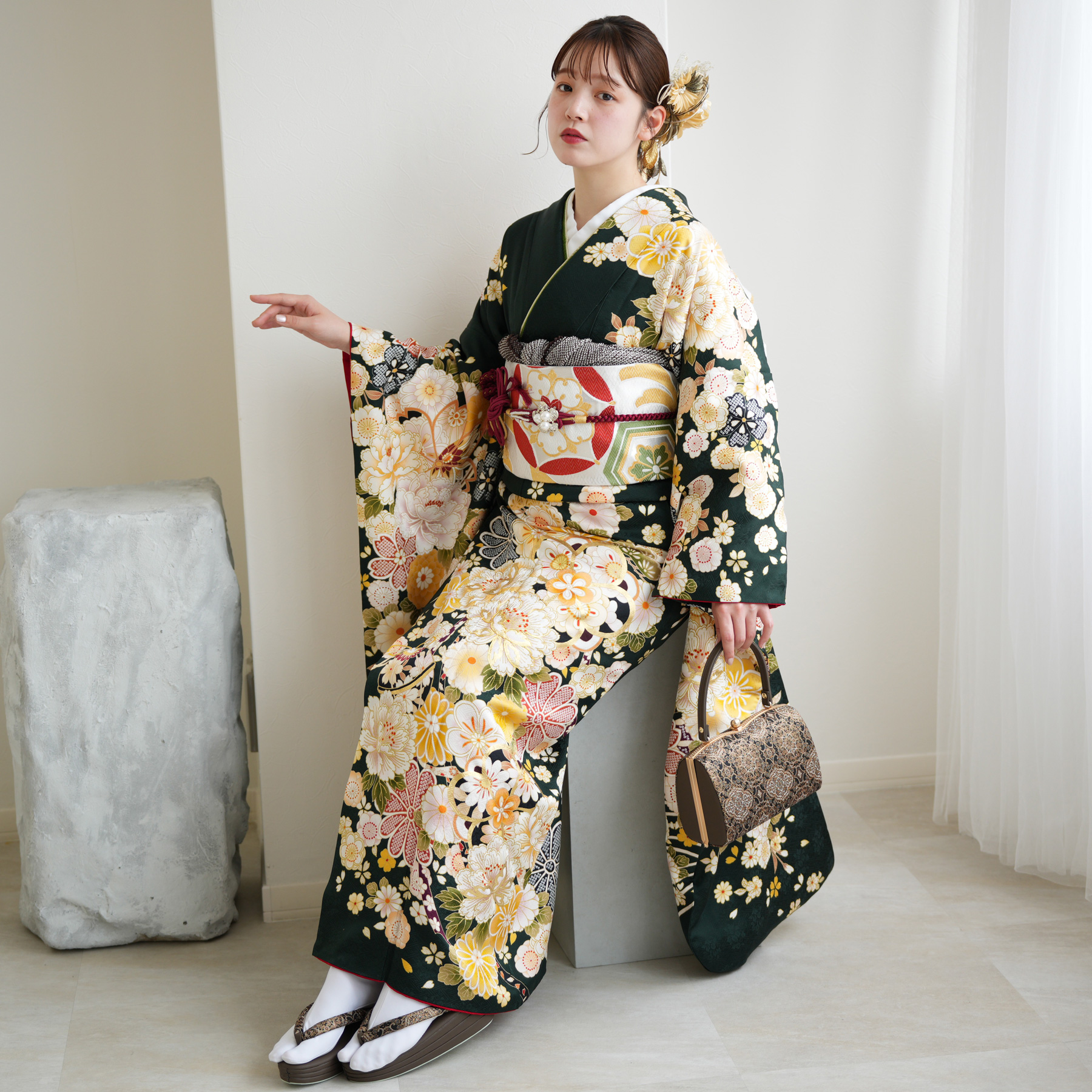 レンタル 振袖 正絹着物+袋帯 21点セット 絵羽 深緑に古典花霞 成人式