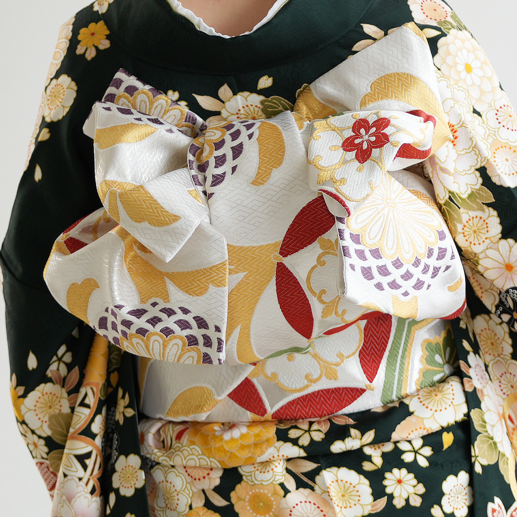 レンタル 振袖 正絹着物+袋帯 21点セット 絵羽 深緑に古典花霞 成人式