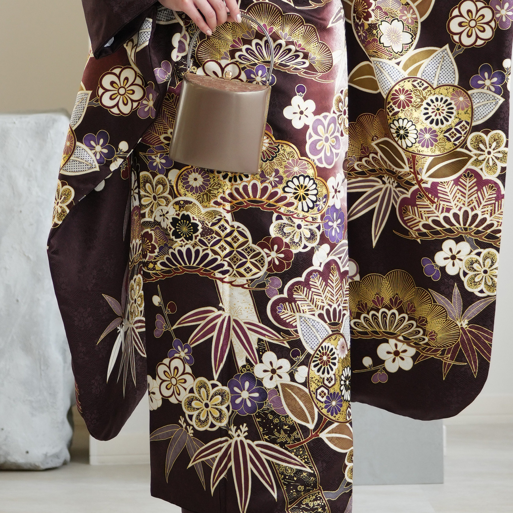 レンタル 振袖 正絹着物+袋帯 21点セット 絵羽 特選・渋紫に華やか吉祥