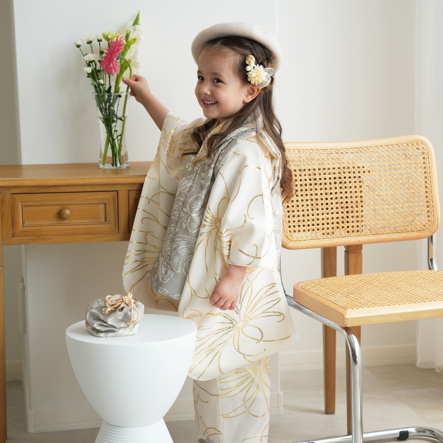 レンタル 七五三 3歳 女の子 ひよこ商店 ベレー帽 被布フルセット 灰緑