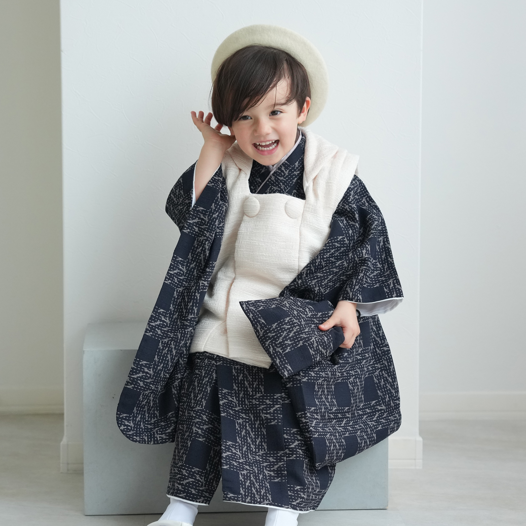レンタル 七五三 3歳 男の子 被布 着物 セット utatane レトロ 紺系 男