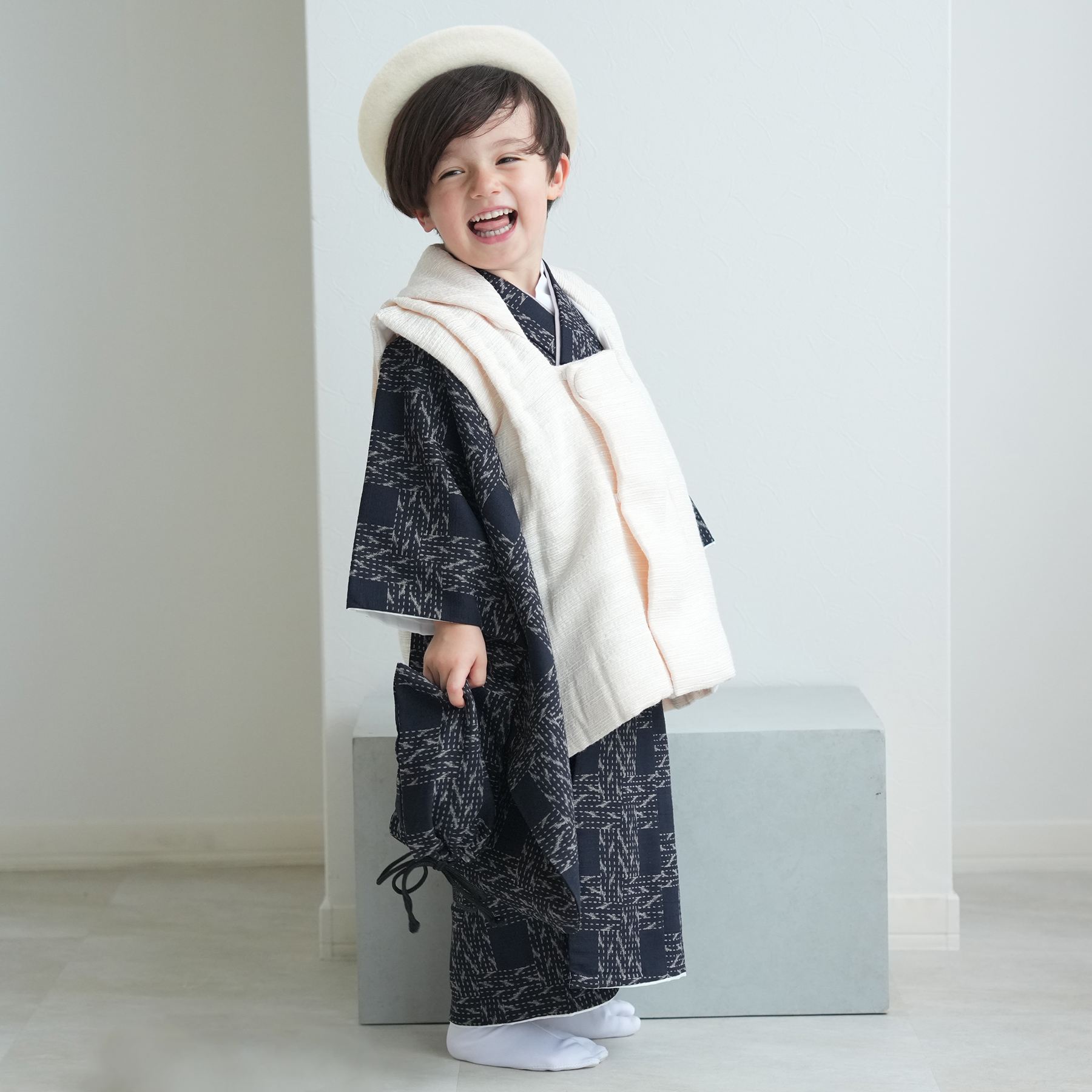 レンタル 七五三 3歳 男の子 被布 着物 セット utatane レトロ 紺系 男