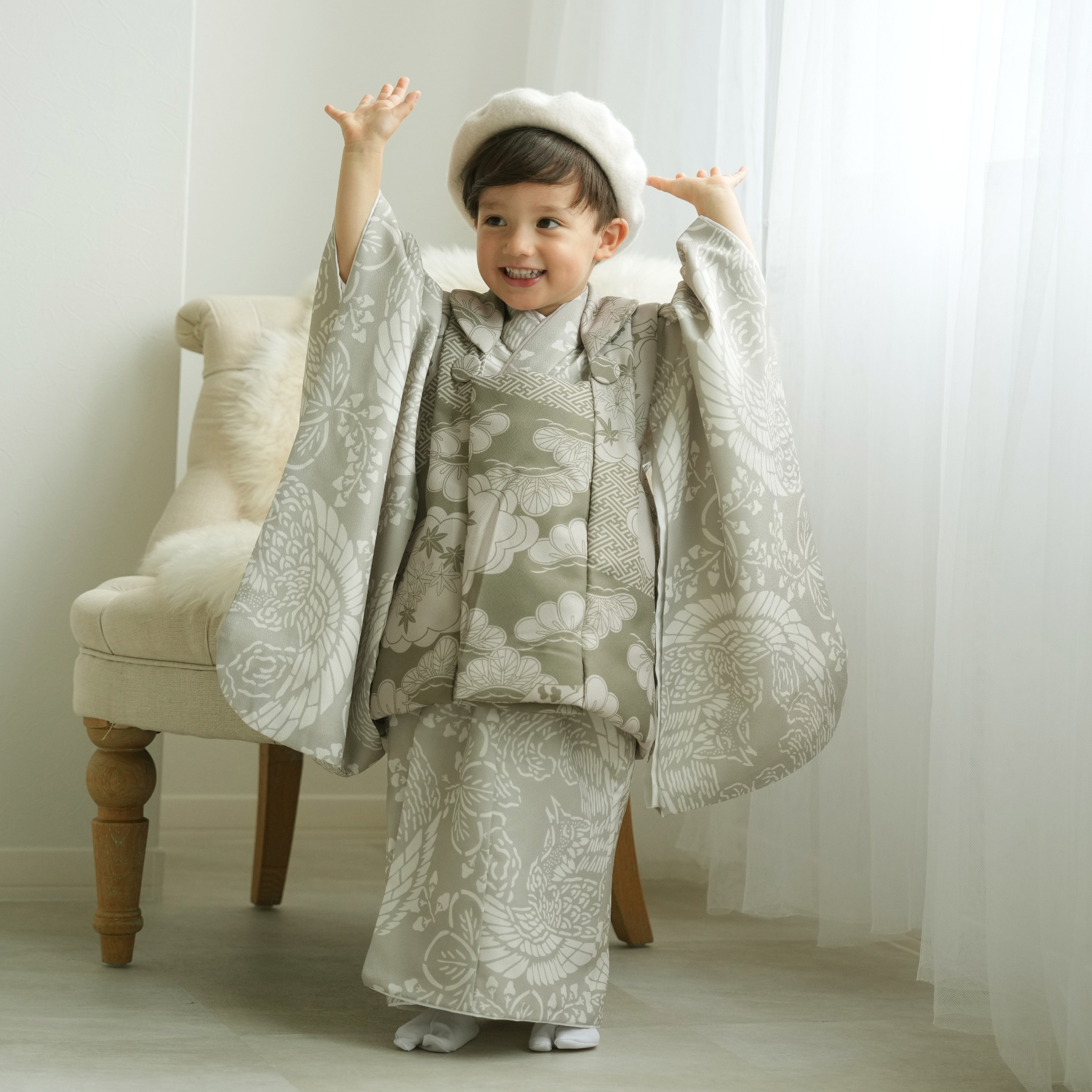 レンタル 七五三 3歳 男の子 ひよこ商店 着物 ベレー帽つき被布フル