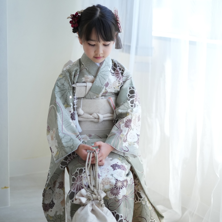 レンタル 七五三 着物 7歳 ひよこ商店 古典柄 レトロ 四つ身 花 ミント