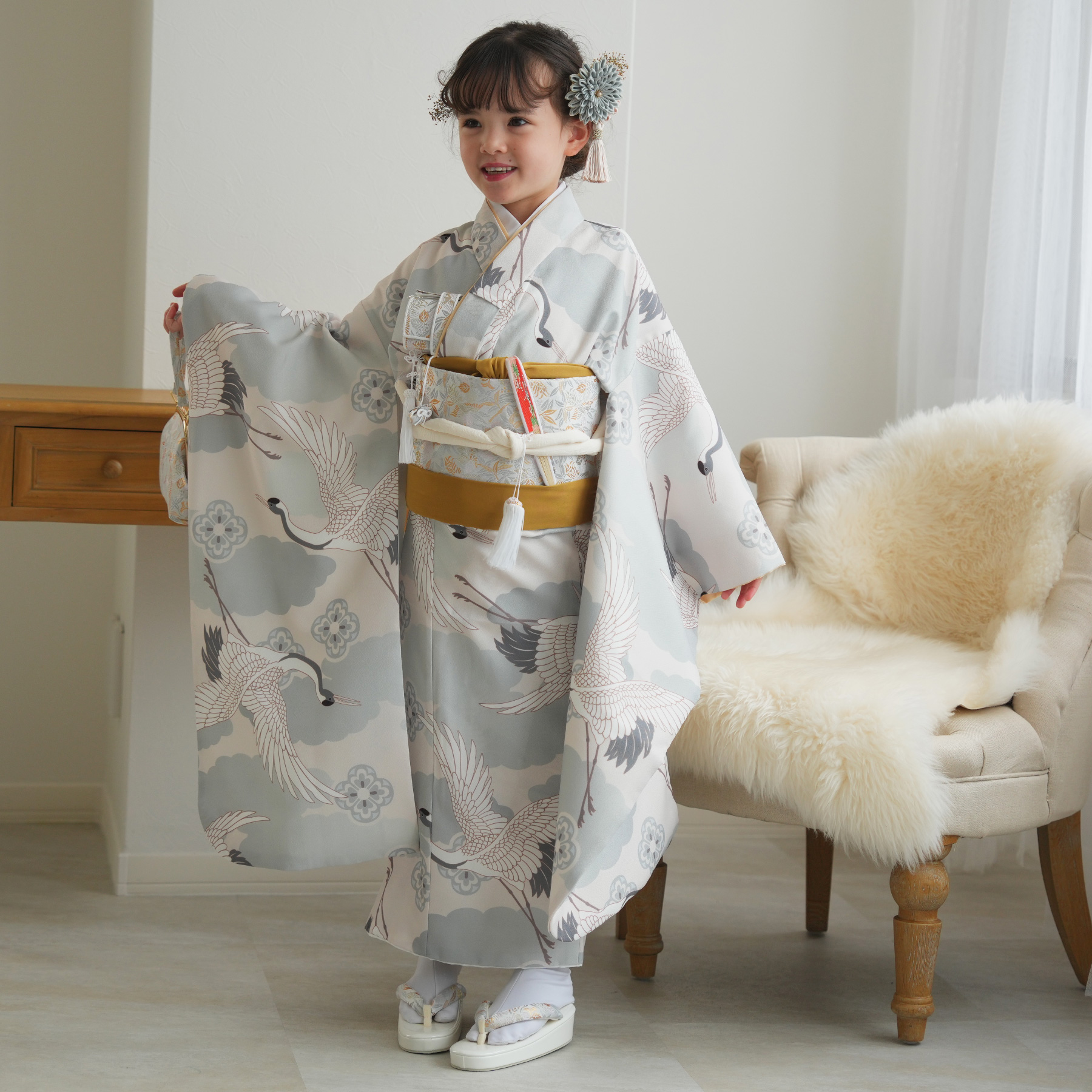 レンタル 七五三 着物 7歳 ひよこ商店 女の子 四つ身 ミント吉祥鶴