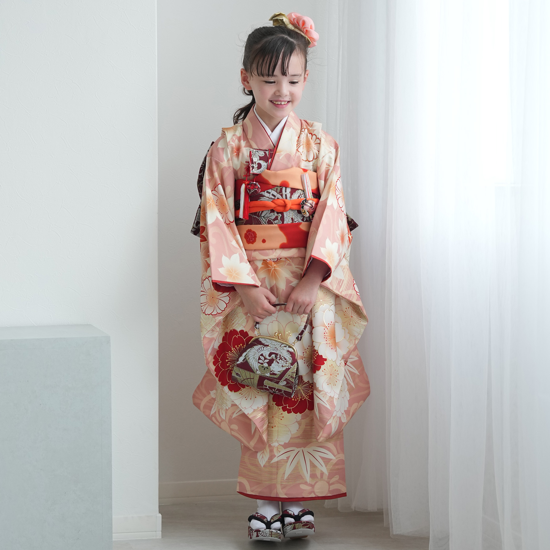 レンタル 七五三 着物 7歳 京舞 女の子 四つ身 絵羽 色づく八重桜