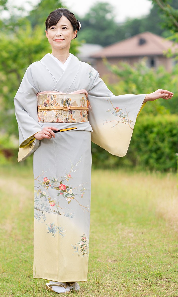 レンタル フルセット 高級正絹 訪問着 HO-FU304 霞色・若草色 椿と菊