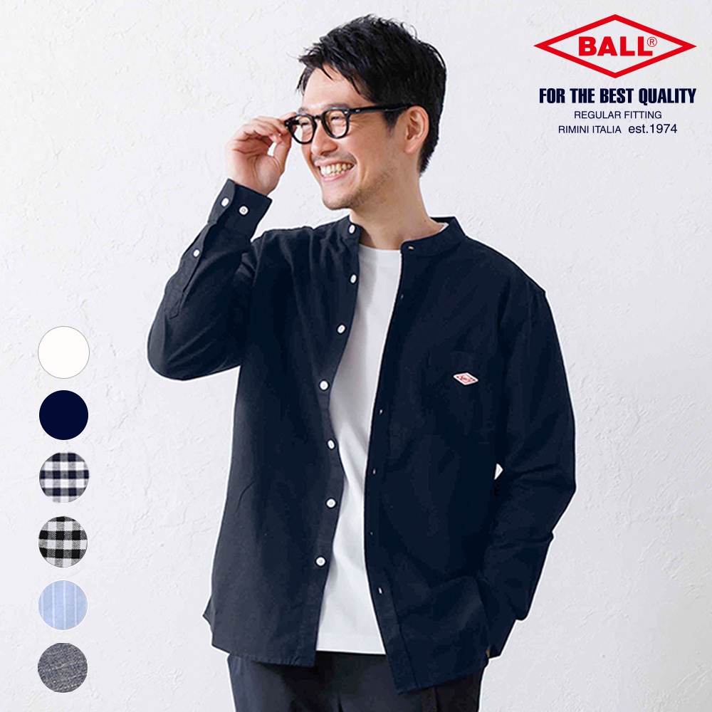 BALL シャツ メンズ オックス バンドカラー ギンガムチェック 綿100