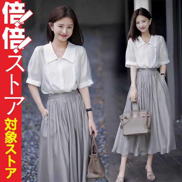 セットアップ レディース 春夏 シフォン 通勤 半袖 ブラウス 襟付き