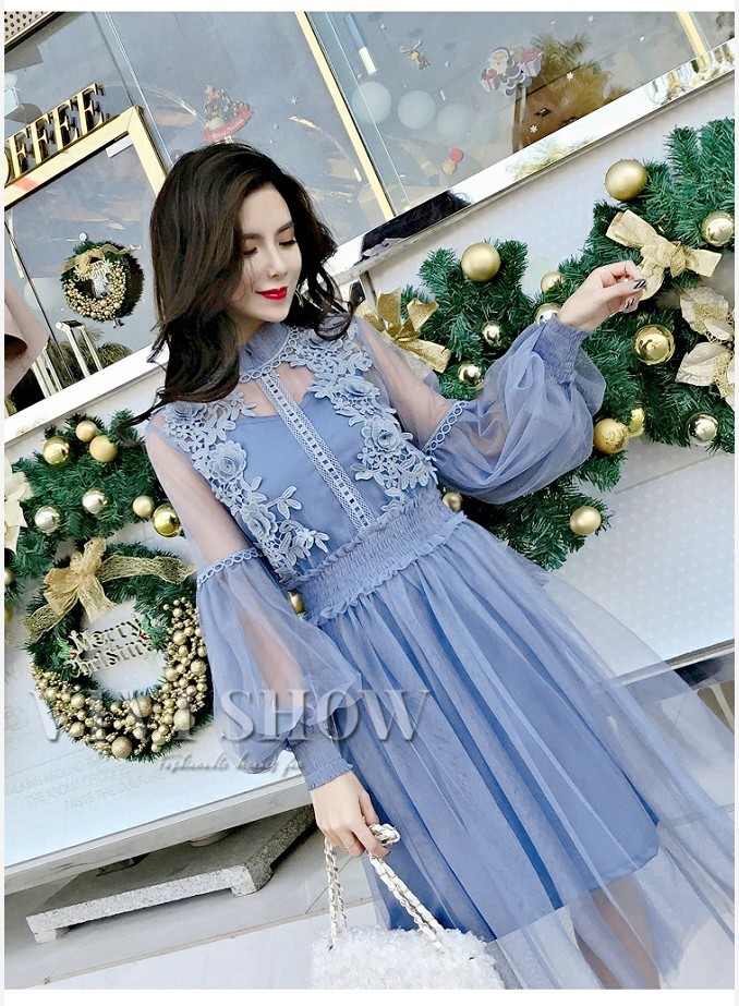 レースワンピース 膝丈 レディース 姫かわいい 花柄刺繍 長袖 レース