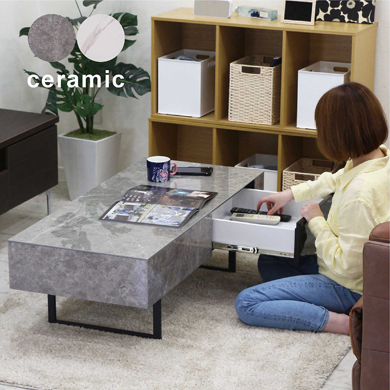 ローテーブル 幅110cm セラミック 完成品 引き出し付き おしゃれ