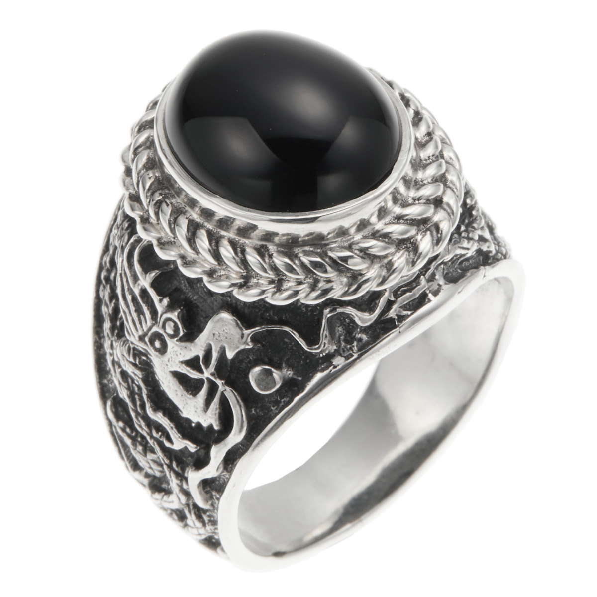 リング シルバー925 オニキス 龍 ドラゴン 風水 幅広 ワイド 大ぶり ご