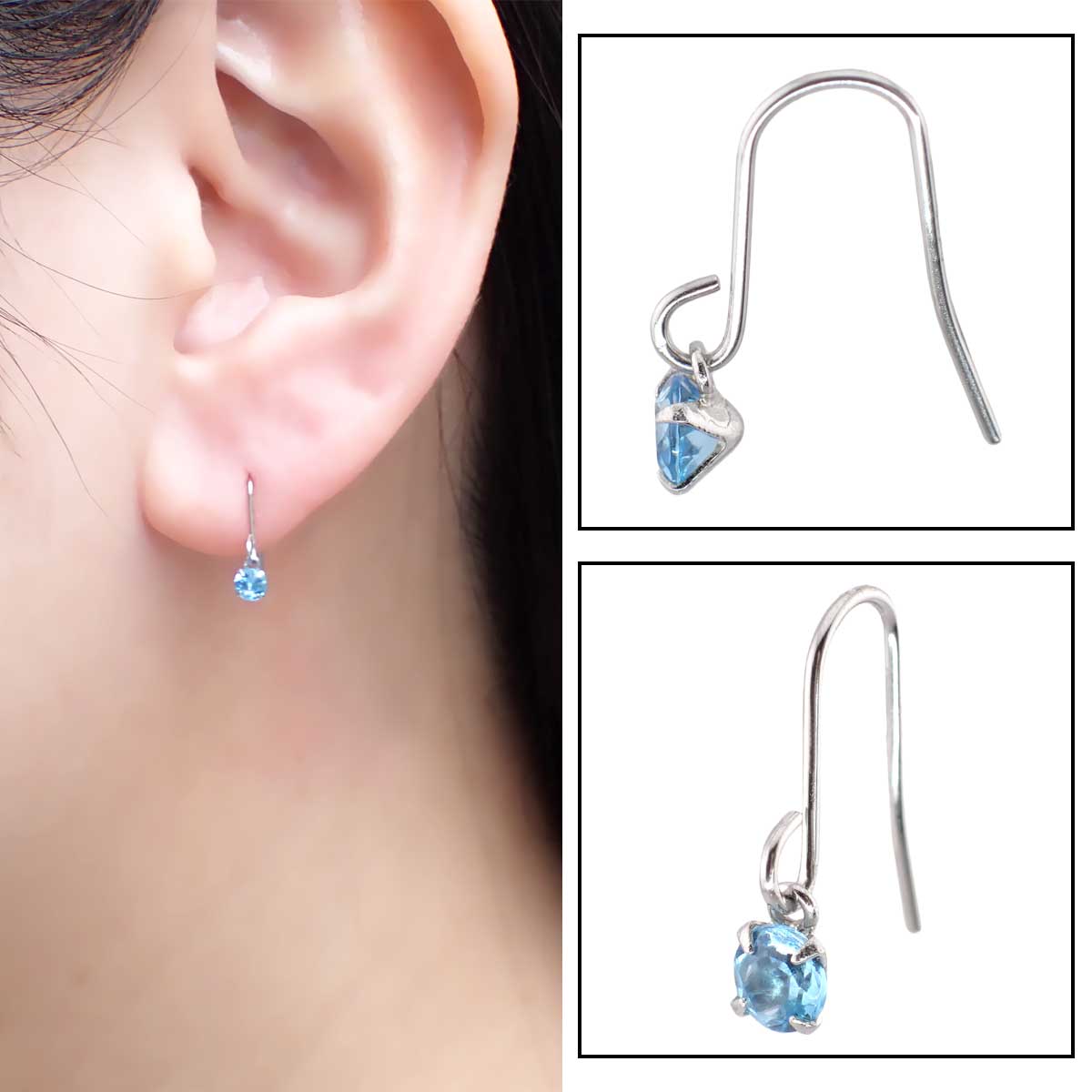 フックピアス プラチナ900製ポスト ブルートパーズ 3mm 1粒 爆買