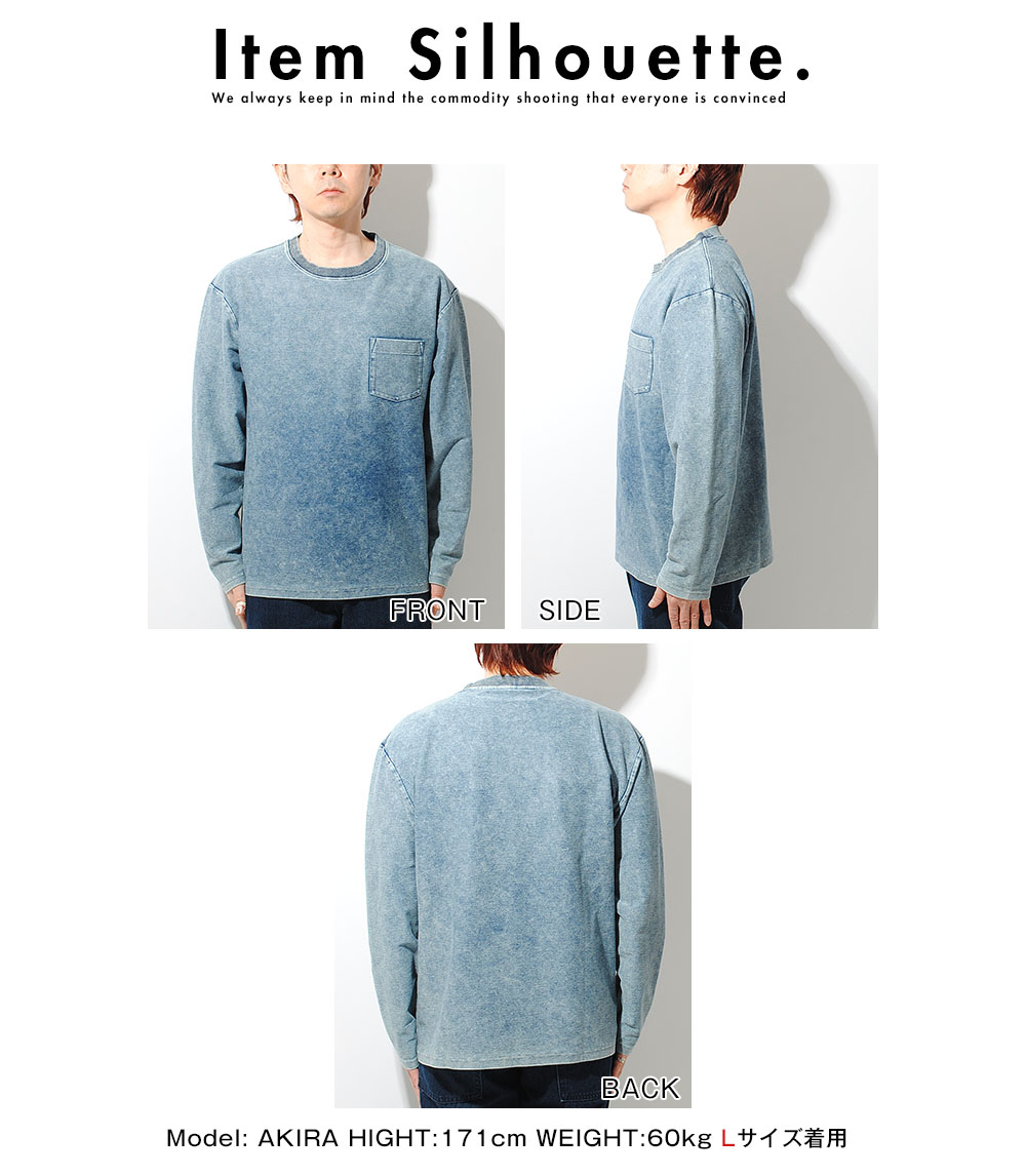 インディゴ染め ロンT 長袖Tシャツ インディゴボーダー ブリーチデニム