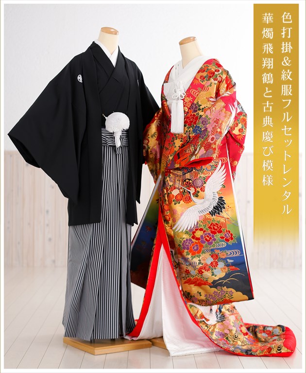 色打掛けレンタル・紋付きセット〔打掛け〕iu019 華燭飛翔鶴と古典慶び
