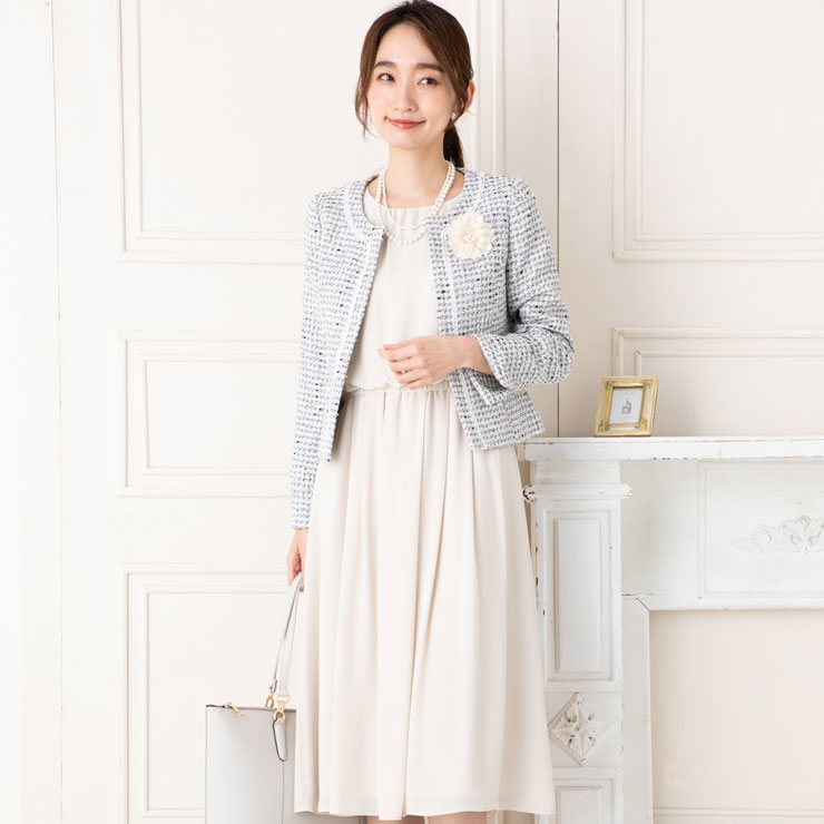 SALE50) (5〜15号)カラーMIXツイード×シフォンジョーゼット2点セット