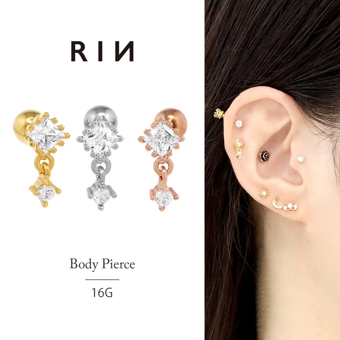 凛 RIN ボディピアス 16G スクエア ジュエル 軟骨 揺れる キラキラ