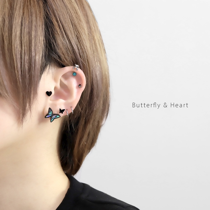 凛 RIN 軟骨ピアス 16G ボディピアス 蝶 ハート 黒 バタフライ