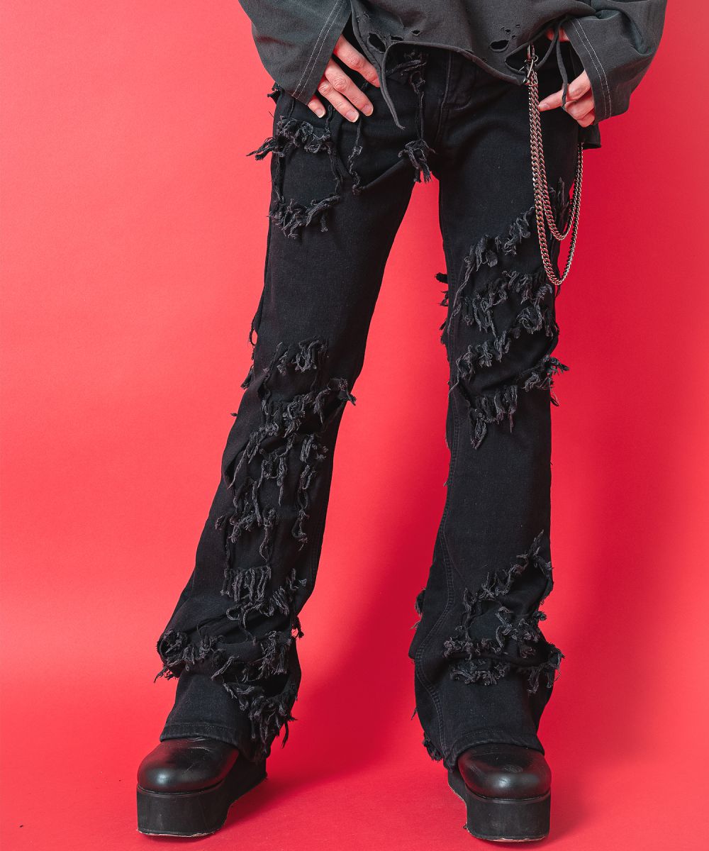 ankoROCK クラッシュ＆ダメージデニムスリムフレアパンツ : ankoROCK