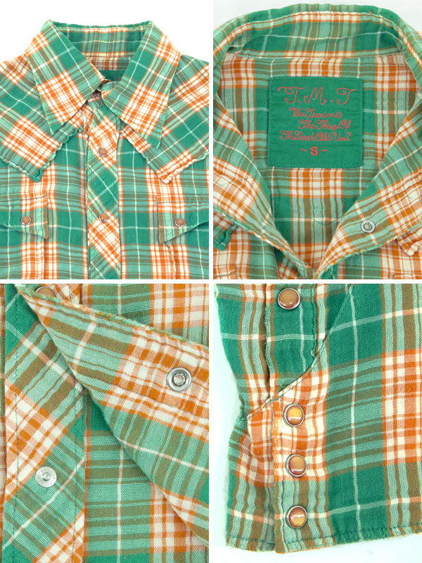 TMT チェック シャツ メンズ レディ―ス グリーン オレンジ ダブル