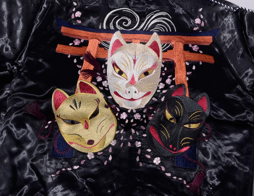 花旅楽団 スカジャン 狐面 キツネ フォックス 桜 お面 鳥居 和柄