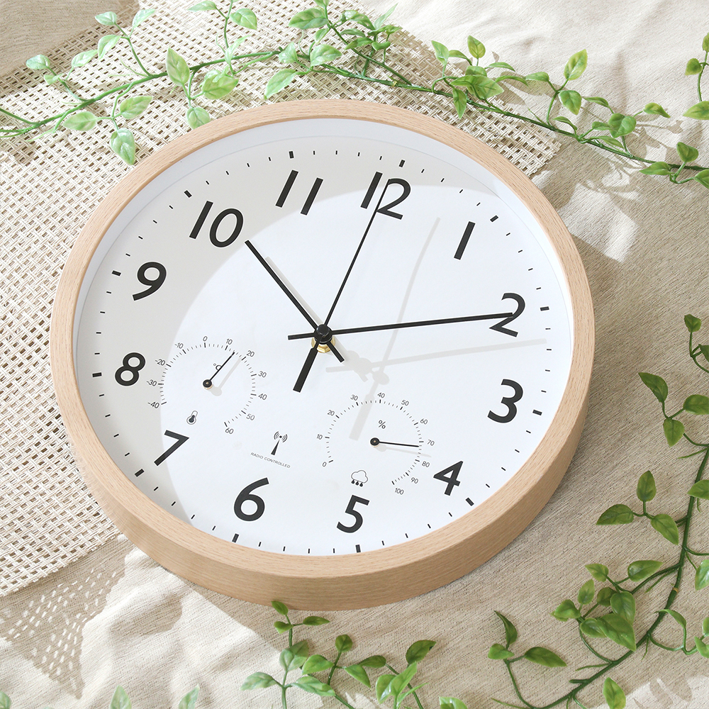 電波 掛け時計 直径30cm フォレスト 温湿度計付 電池式 不二貿易