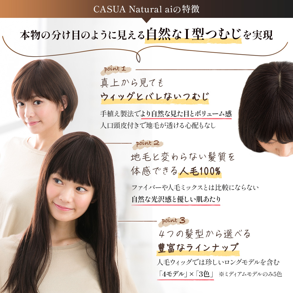 ウィッグ ロング 人毛100% 女性 医療用 自然 レディース 全3色 2サイズ