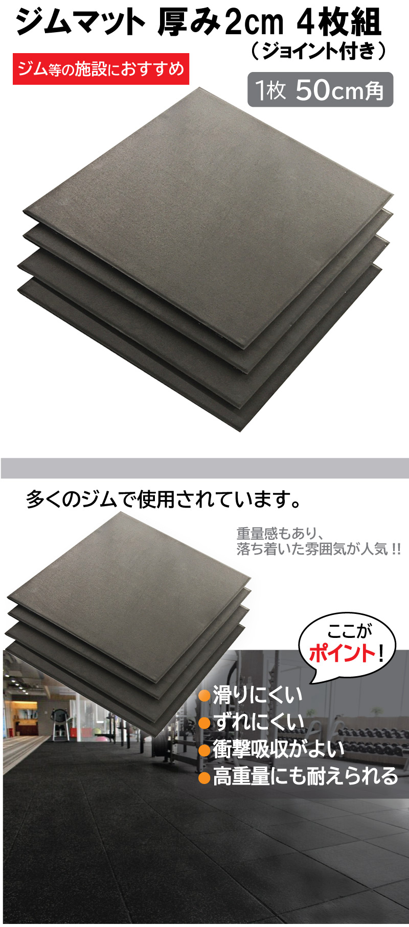 WILD FIT（ワイルドフィット） ジムマット ラバー 黒 厚み 2cm 4枚組