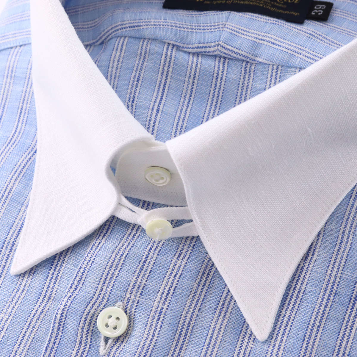 ワイシャツ タブカラー クレリック リネン ブルー ストライプ 麻100
