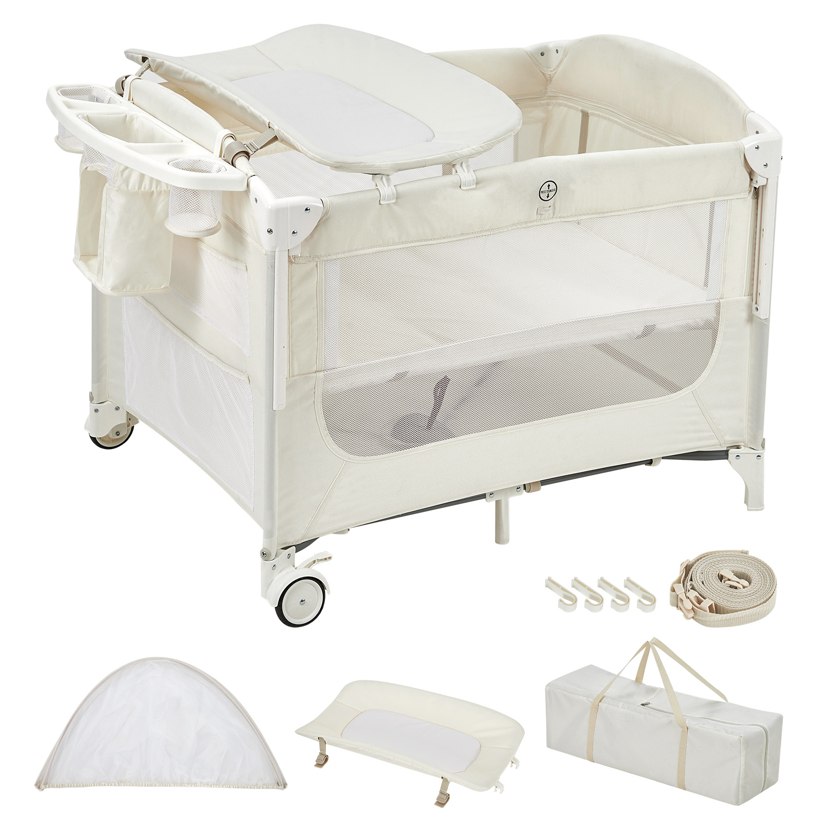ベビーベッド プレイヤード 蚊帳付き 折りたたみ キャスター 揺りかご