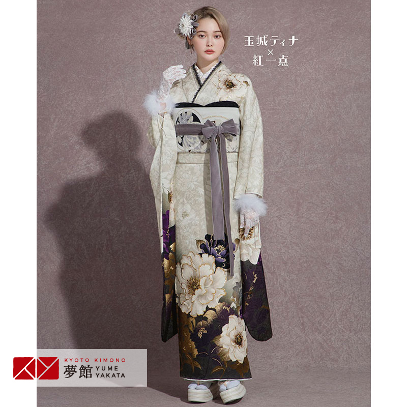 振袖レンタル 玉城ティナ×紅一点 淡ベージュ 大輪牡丹 成人式 結婚式