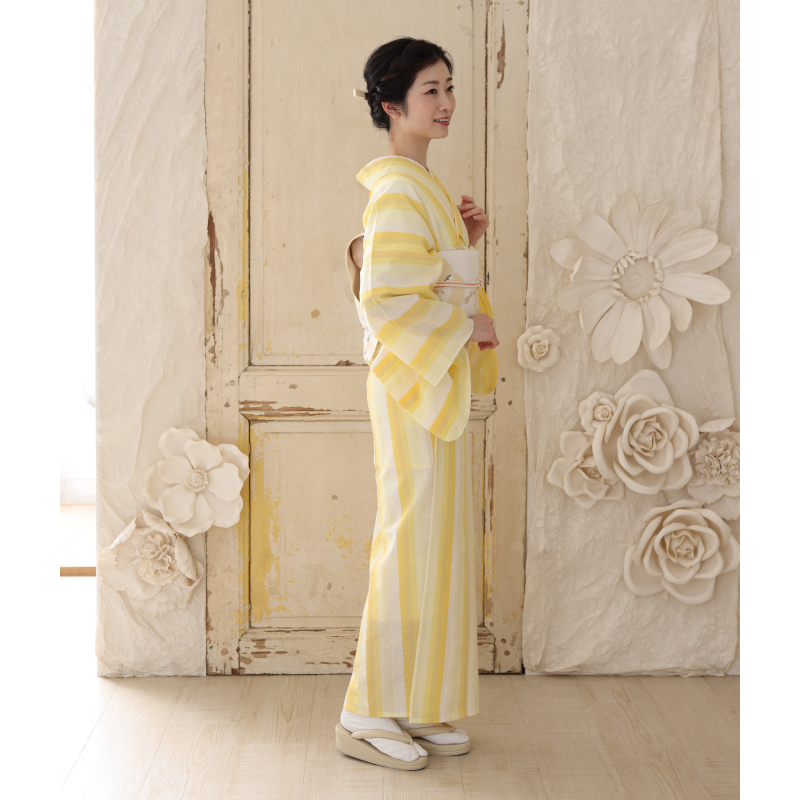 洗える着物 阿波しじら お仕立て代込み 菜の花色の濃淡鰹縞 No.D6 13m