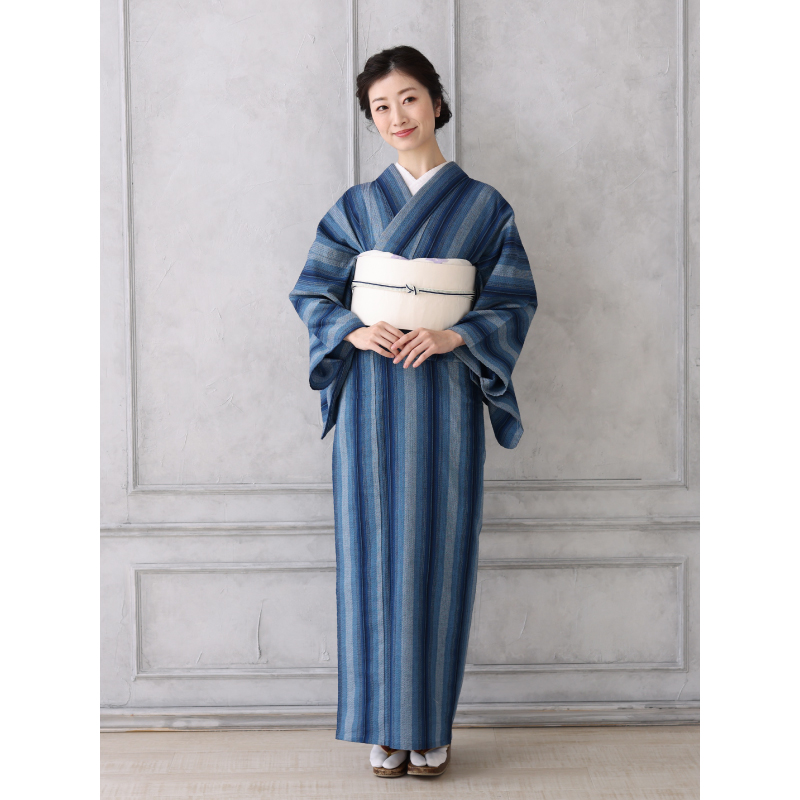 洗える着物 阿波しじら お仕立て代込み 紺水色縦縞グラデーション No