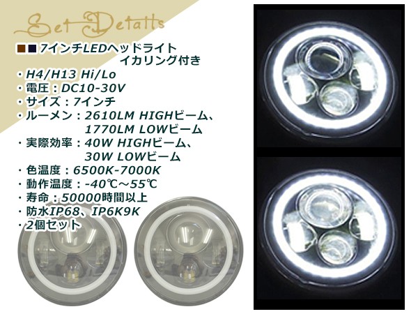 LED 7インチ 丸型 ファイバー イカリング ヘッドライト エンジェル