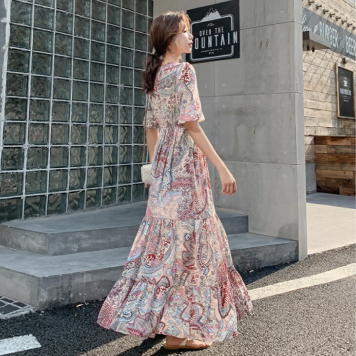 淡いピンク花柄 シフォンワンピース フローラルワンピ Vネックワンピ