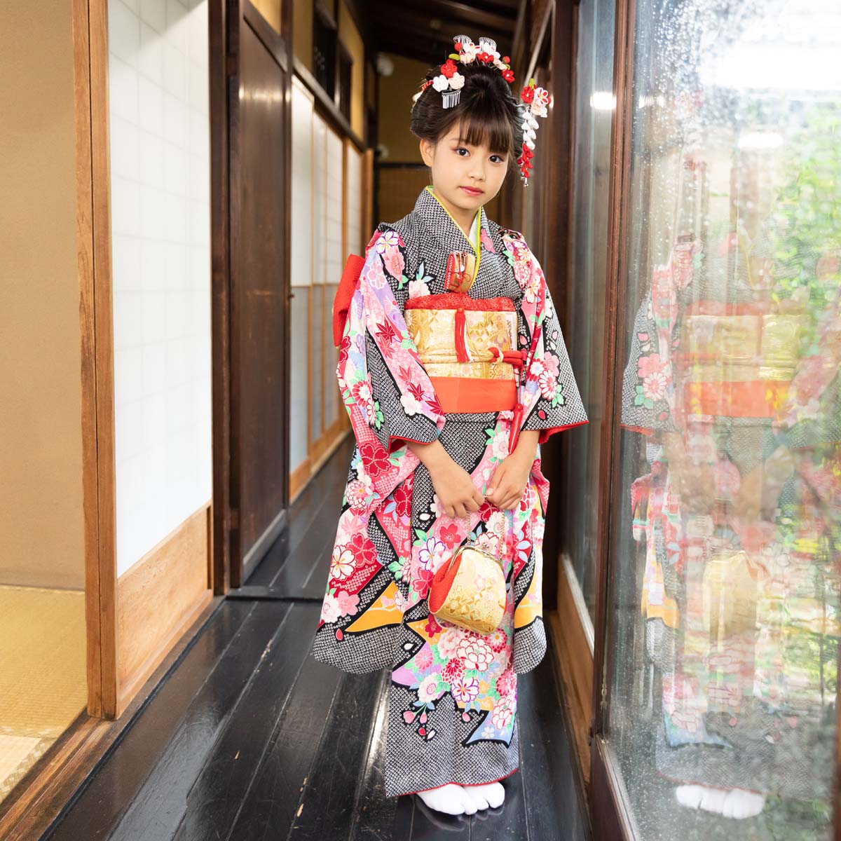 七五三 7歳着物 レンタル フルセット 黒 疋田熨斗目☆ 女の子 七歳 753