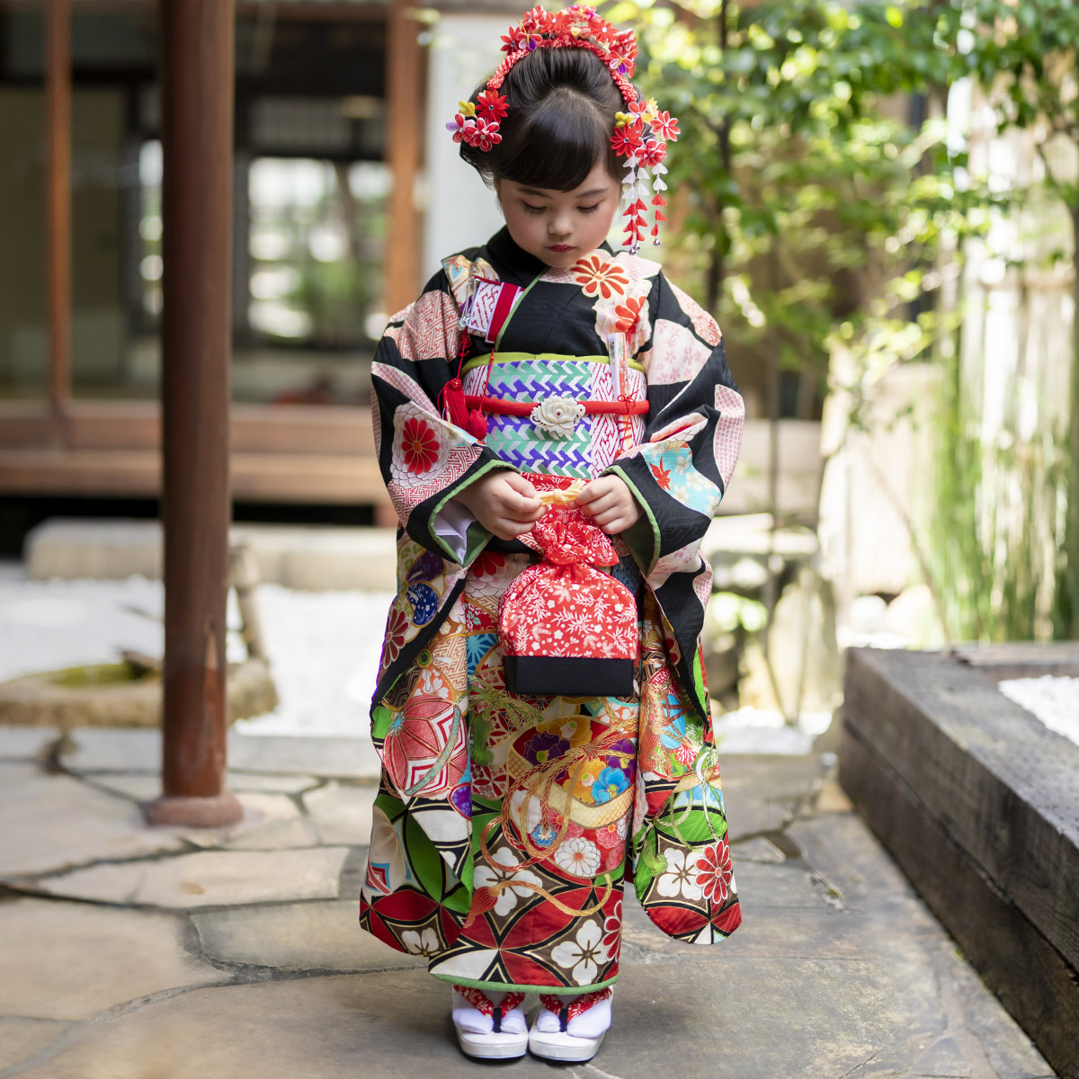 七五三 7歳着物 レンタル フルセット はいばら ブランド着物 黒 文庫に