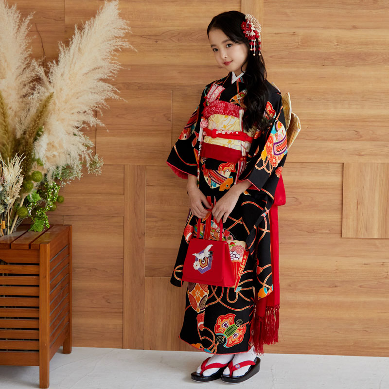 七五三 7歳着物 レンタル フルセット 紅一点 ブランド着物 黒 扇面に