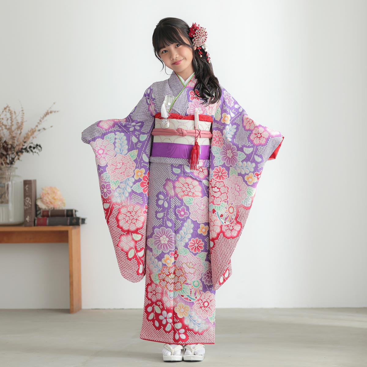 七五三 7歳着物 レンタル フルセット 紫 総絞り花々 女の子 七歳 753