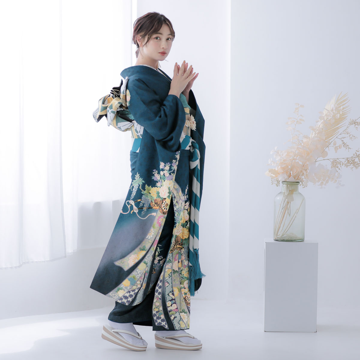 振袖 レンタル 成人式 結婚式 青緑 熨斗に花車(絹)(宅)12月〜1月利用