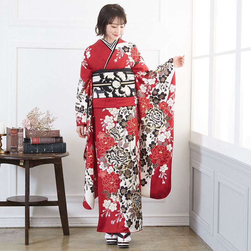 振袖 レンタル 成人式 結婚式 赤 豪華金彩 牡丹桜(絹)12月〜1月利用