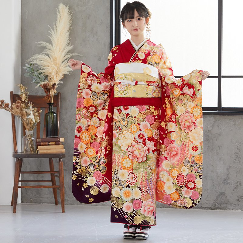 振袖 レンタル 成人式 結婚式 赤 桜花藤牡丹(絹)(宅)12月〜1月利用