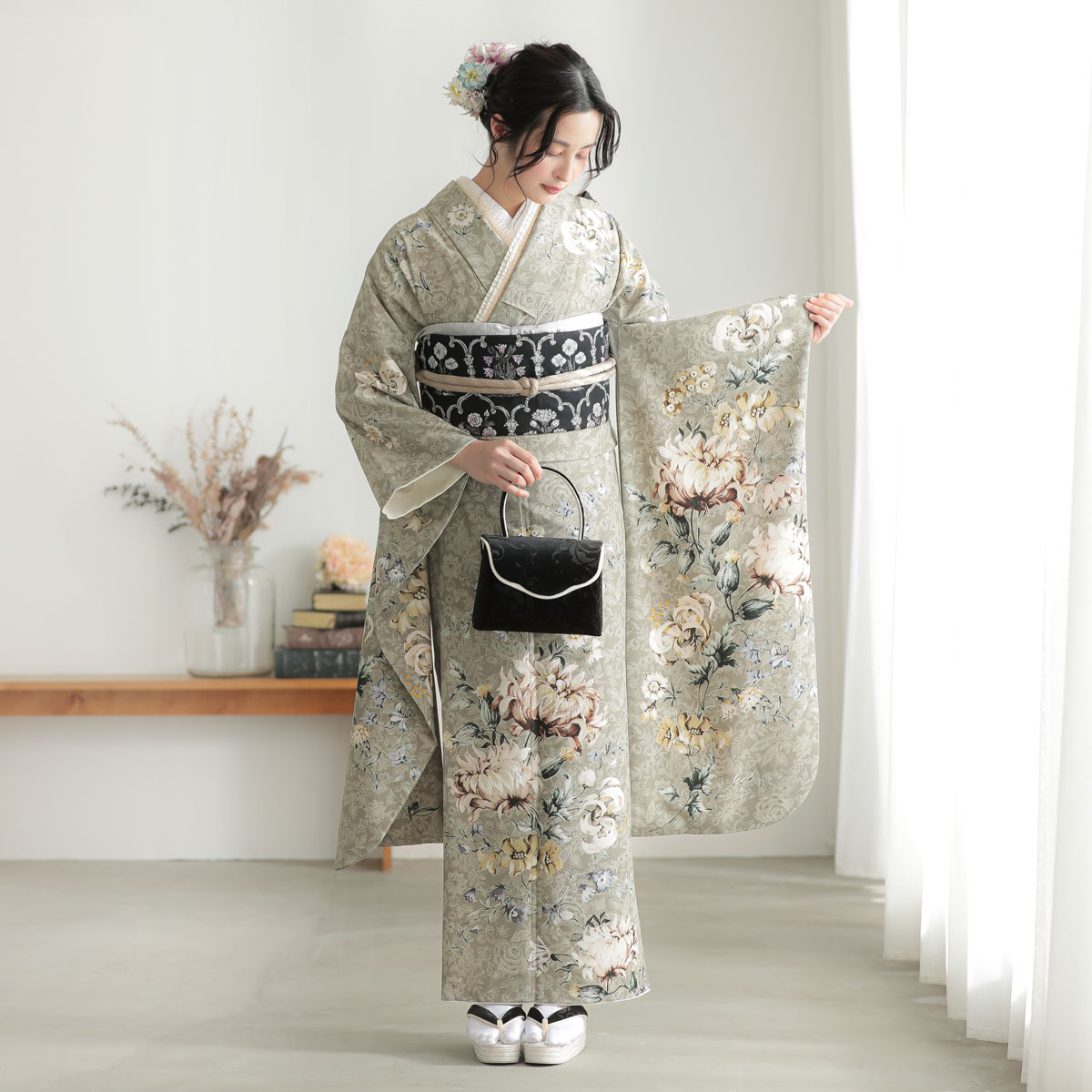 振袖 レンタル 成人式 結婚式 モスベージュ 花更紗 JILL STUART 12月