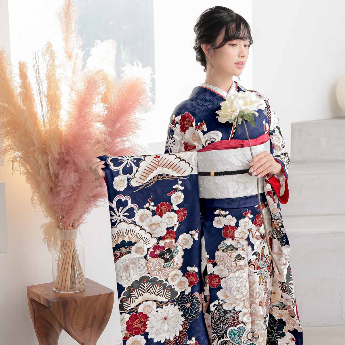 振袖 レンタル 成人式 結婚式 濃紺 流水菊牡丹12月〜1月利用 対応身長