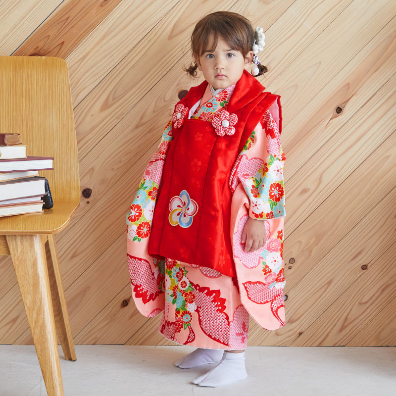 七五三 着物レンタル 3歳 753 女の子 フルセット 被布 赤×ピンク 鶴に