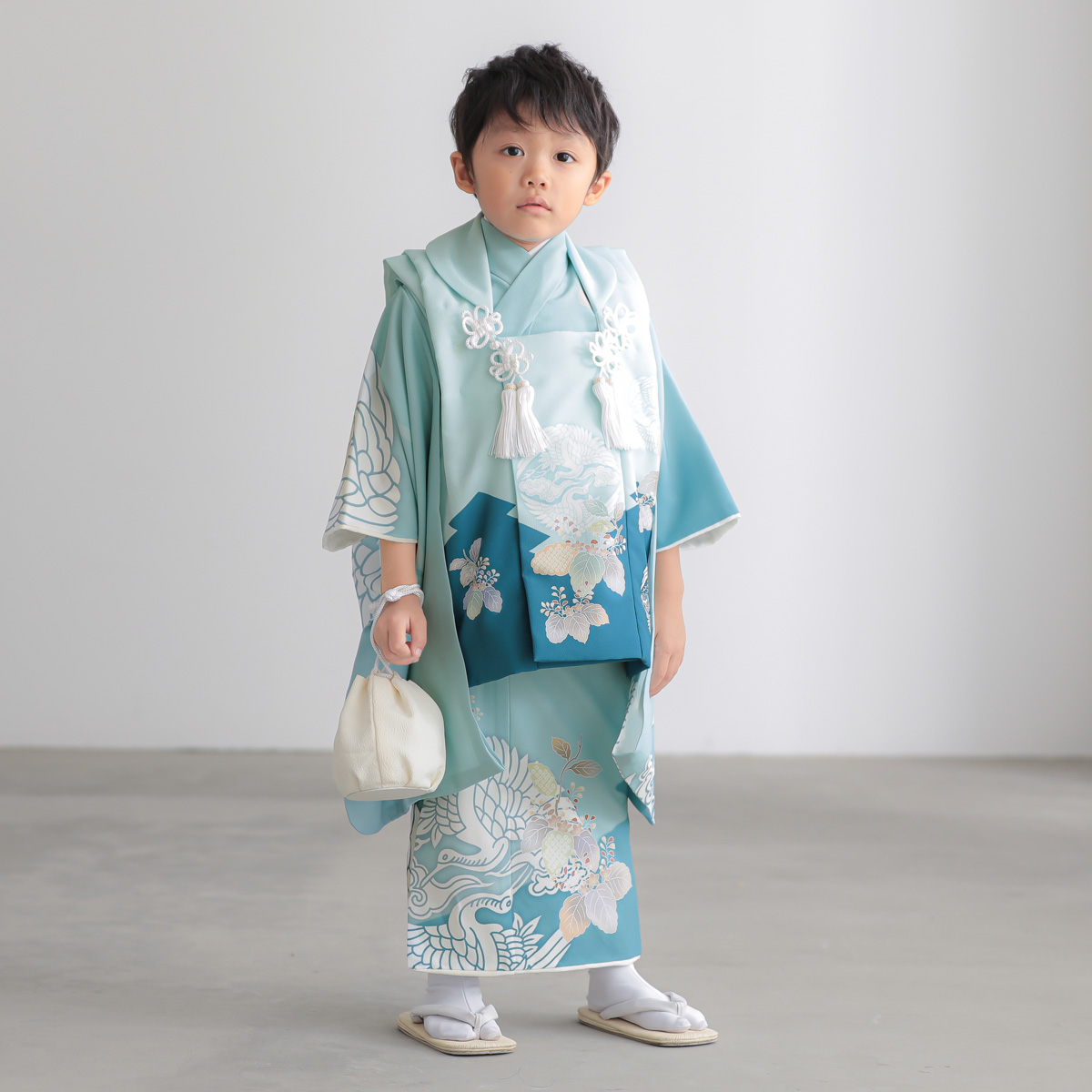 七五三 着物レンタル 3歳 753 男の子 フルセット 被布 水色 向かい鶴に