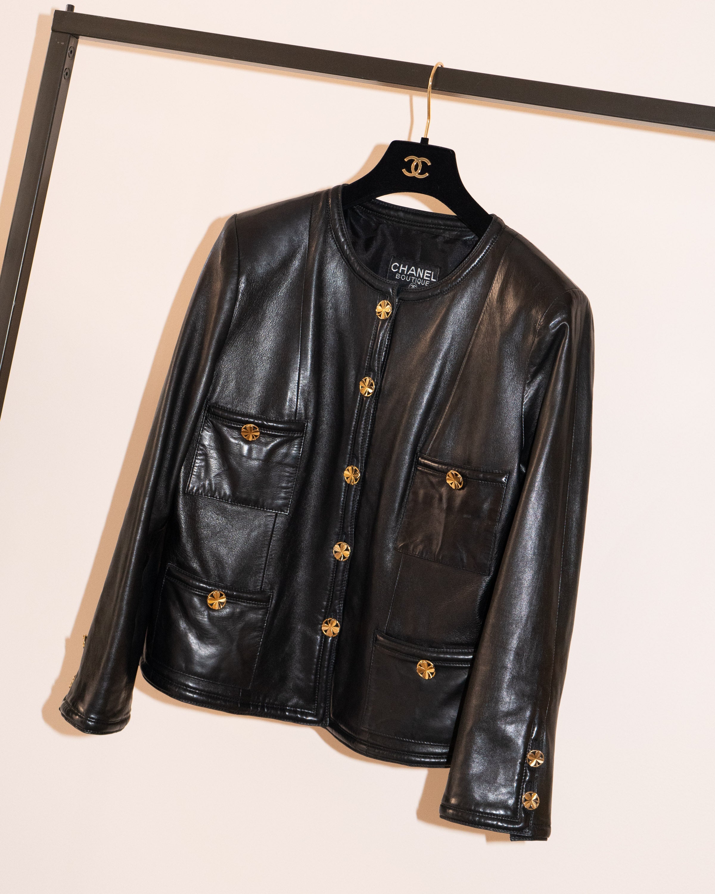 FR38-42 Rare Chanel Spring 1985 Four Pocketed Collarless Leather Jacke