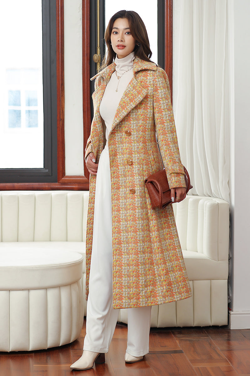 Handmade Yellow Plaid Wool Coat – Elegant Belted Long Winter
