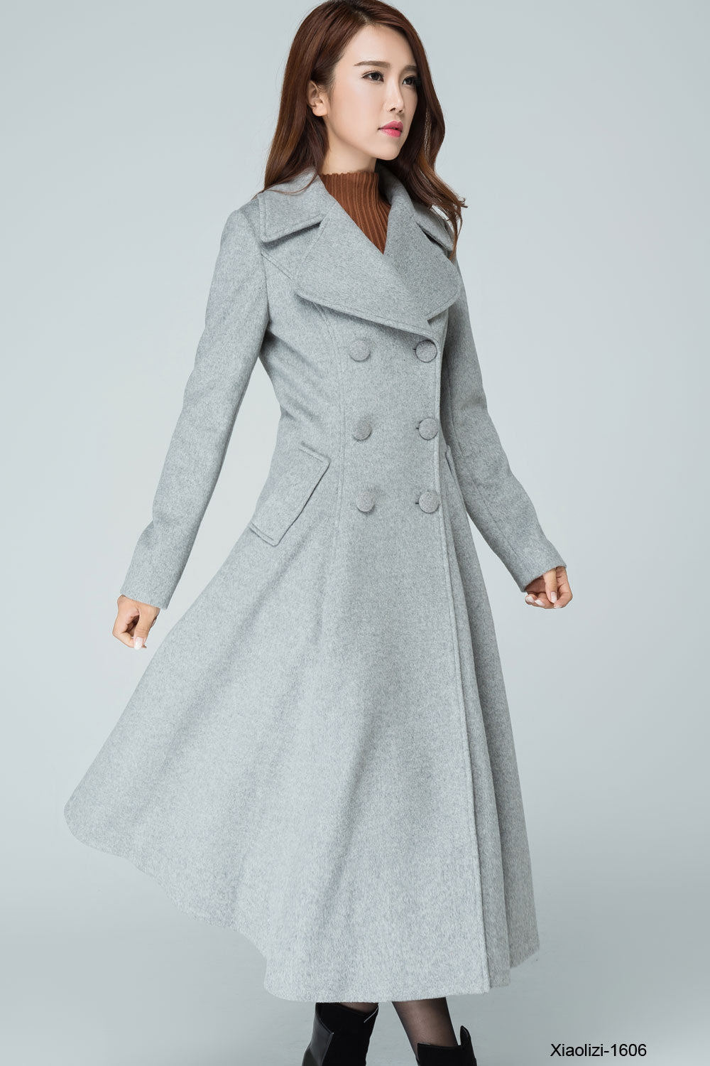 Handmade Light Gray Wool Coat – Double-Breasted | Xiaolizi 1606